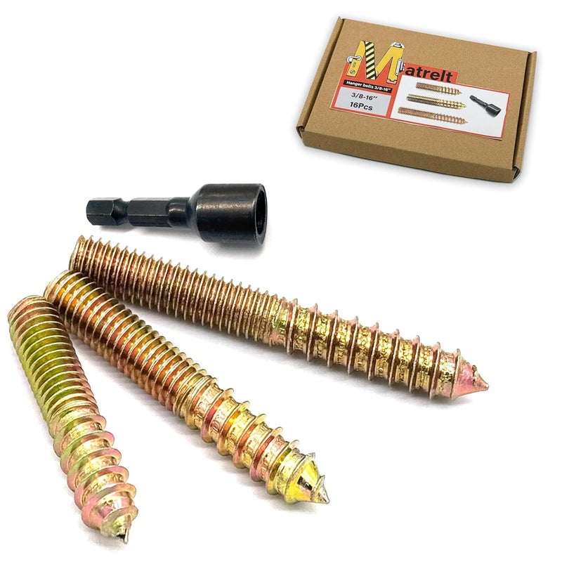 Matrelt 16Pack 3/8-16" Hanger Bolts 3Sizes 2-3 Inch Include1 pcs Hanger Bolt Driver Double Headed Bolts Wood Dowel Screw Self-Tapping Screw Hanger Bolts for Furniture Screws Wood Screws Threaded Rods Bolt - Image 1